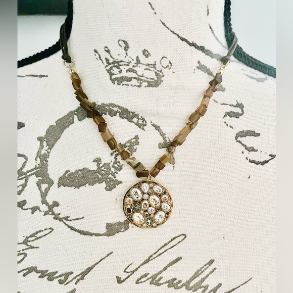 Upcycled VTG Swarovski Dorado Pendant/Tiger Eye Leather Powerhouse Necklace, EUC - Picture 2 of 13